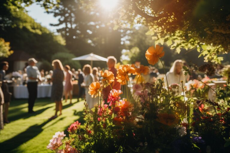 Blumen im Vordergrund, Gäste stehen bei einer Gartenveranstaltung im Hintergrund